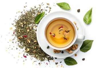 Green Tea with Natural Aromatic Additives and a Cup Top View on White Background
