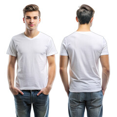 Front and back views of a young man dressed in a white t shirt and jeans confidently standing with an art scale emphasizing his artistic skills and style