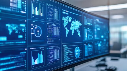 Obraz premium A futuristic graph displayed on a wall-size monitor in a high-tech control room.