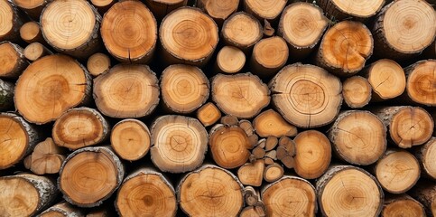 Natural pile of wood logs background arranged in a symmetrical stack. Highlighting organic patterns. Perfect for industrial and decorative use