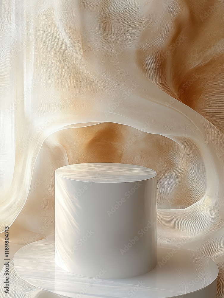 Poster minimalist abstract composition with white pedestal and translucent fabrics in soft shades