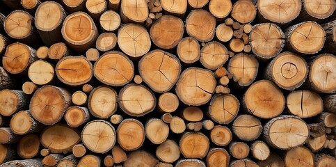 Natural pile of wood logs background arranged in a symmetrical stack. Highlighting organic patterns. Perfect for industrial and decorative use