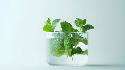 Fresh mint sprigs in a glass of water, condensation visible on the glass.  Simple, clean background. Perfect for refreshing drinks or healthy lifestyle concepts.