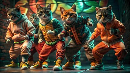 Street Dance Cats in Stylish Tracksuits Performing in Neon-Lit Urban Setting, Perfect for Creative Themes, Animal Art, Fun Campaigns, Dance Culture, Entertainment, and Pop Culture Concepts