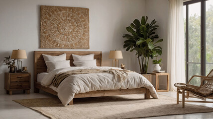 Modern boho bedroom with comfortable bed bamboo furniture and green plants in a neutral beige inspired setting Bohemian Style Interior Design Stock Photo Inspiration