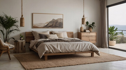 Relaxing boho inspired bedroom with bamboo decor a plush bed and indoor plants to create a peaceful beige atmosphere Bohemian Style Interior Design Stock Photo Inspiration