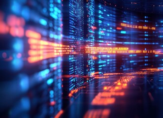 Futuristic Server Room 3D Illustration with Digital Code Neon Lights and Cyberpunk Data Design