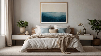 Bohemian bedroom featuring bamboo furniture a soft bed and abundant greenery with a harmonious beige color scheme Bohemian Style Interior Design Stock Photo Inspiration