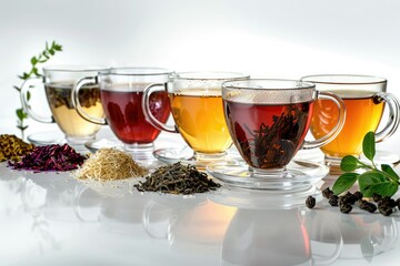 Premium Quality Visual of Assortment of Tasty Tea in Glass Cups on White Background