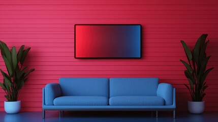 Obraz premium Modern Living Room with Blue Sofa and Red Wall Background