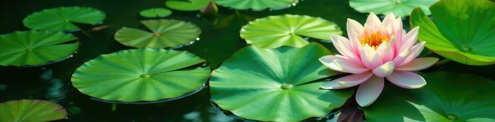 High angle shot of a pond with clear lotus leaves, clear veins, green
