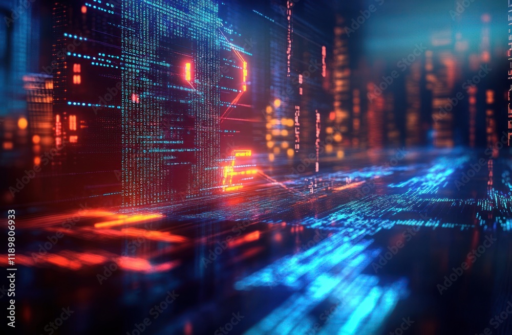 Poster futuristic digital landscape of flowing code and geometric shapes in cyberpunk art style