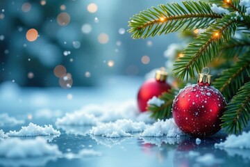 Obraz premium Icy winter landscape with golden red ornaments and fir branches on frozen ice background, snowflakes, festive, branch