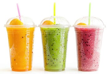 Fruit Smoothies Fruits Orange Juice Green Smoothie Drink Collection Straw Cup Isolated on White