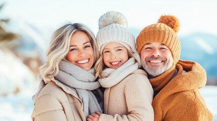 Fototapeta premium Smiling caucasian family in warm winter clothing enjoying snowy day outdoors.