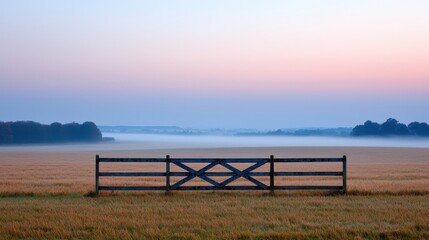 Tranquil Misty Morning Landscape with Wooden Gate and Open Field