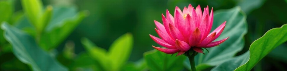 Obraz premium Large pink spherical tropical flower blooming on a green leaf stem, blooms, nature