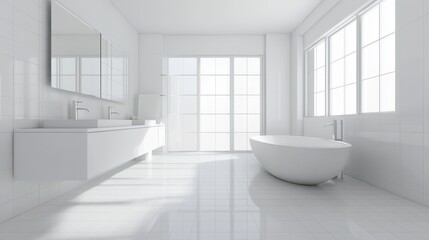 Fototapeta premium A pristine white bathroom featuring a double sink, emphasizing clean lines and a modern design.