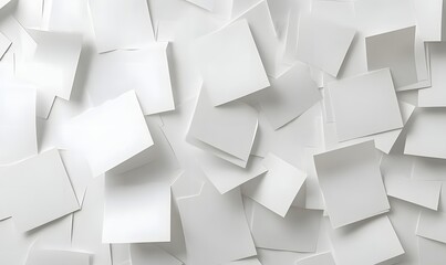 White square sticky notes scattered on a surface.