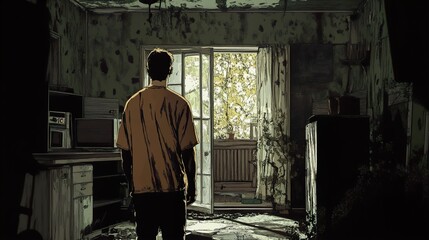 Obraz premium Desolation and Solitude: A Moment of Reflection in an Abandoned Room