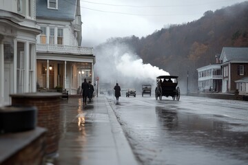 People walk along a wet street lined with historic buildings while steam rises from a vintage vehicle, creating an atmospheric early morning setting