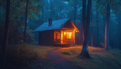 Mysterious Cabin Glows in Dark Forest at Night, Illuminated Woods Path Leads to Cozy Log Home, Serene Escape in Nature's Embrace