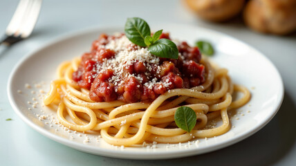 A mouthwatering plate of spaghetti bolognese featuring al dente pasta tossed in a rich tomato and meat sauce. The dish is garnished with freshly grated parmesan cheese and a sprig of basil.