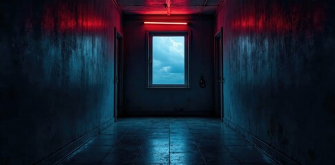 Narrow corridor with dim lighting, window above reveals dark sky, darkness, shadows, empty