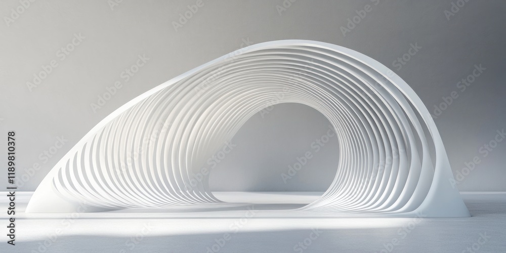 Poster minimalistic sculpture display with elegant arch in soft lighting for beauty product promotion