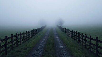 Fototapeta premium Mysterious Foggy Pathway Through Lush Green Landscape at Dusk