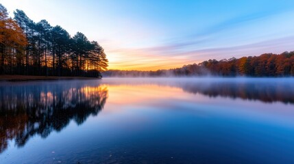 Fototapeta premium Serene Morning Mist Over Tranquil Lake During Autumn Sunrise