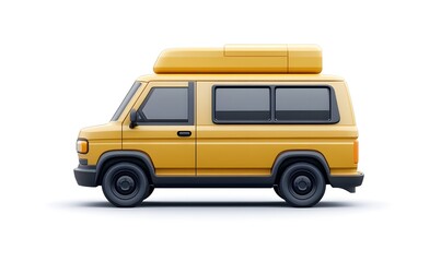 Yellow vintage camper van with roof box, side view.