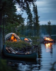 Obraz premium Serene Lakeside Camping Scene with Campfire and Canoe