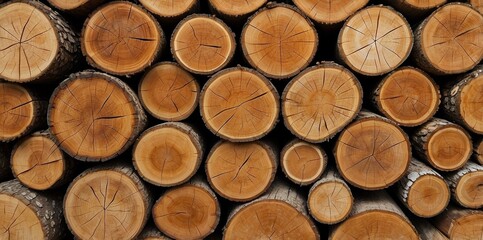 Natural pile of wood logs background arranged in a symmetrical stack. Highlighting organic patterns. Perfect for industrial and decorative use