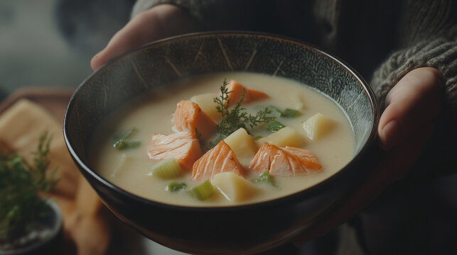 Warm bowl of Finnish salmon soup with potatoes and herbs held by hands in a cozy setting
