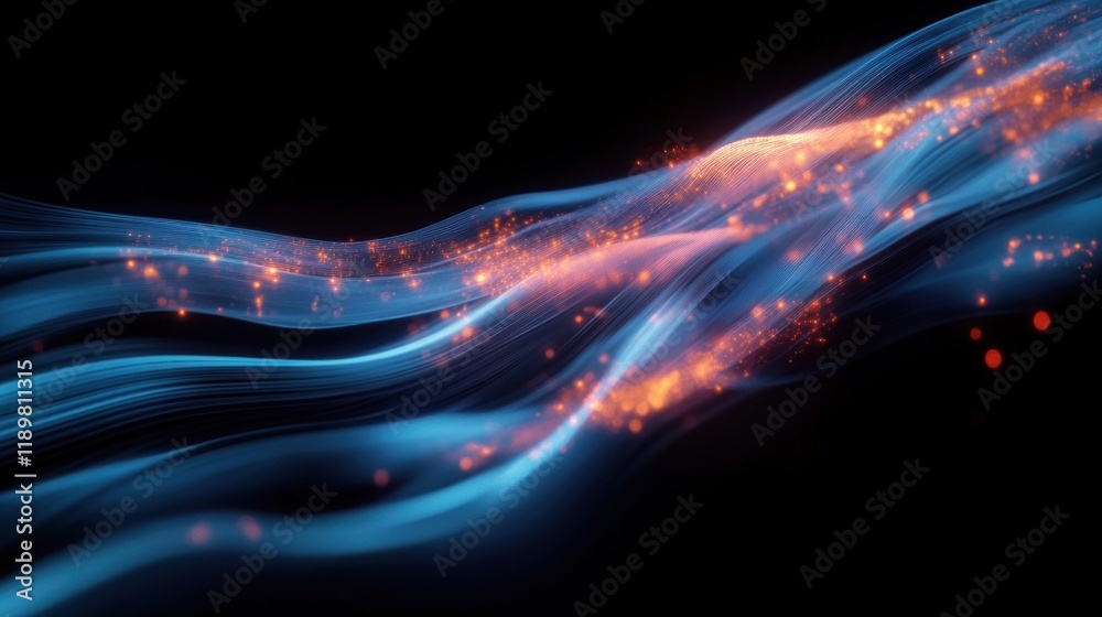 Aufkleber futuristic abstract composition of fast moving digital data with blue and orange light flowing lines