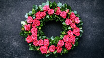 A wreath made of fresh roses for festive decoration.