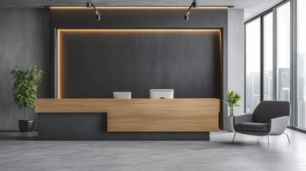 A sleek office interior combining gray tones with wooden accents, featuring a reception area and comfortable armchairs.