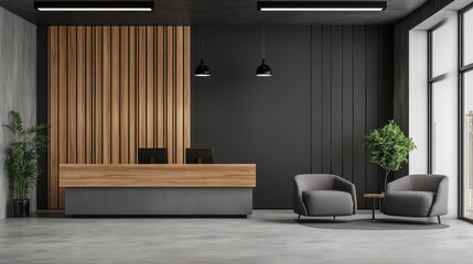 A sleek office interior combining gray tones with wooden accents, featuring a reception area and comfortable armchairs.