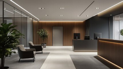 A sleek office interior combining gray tones with wooden accents, featuring a reception area and comfortable armchairs.