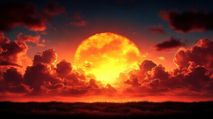 Obraz premium Fiery Sunset Landscape with Dramatic Clouds and Glowing Sun