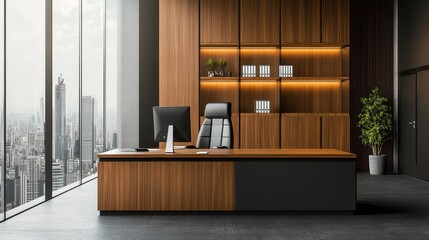 A sleek office interior featuring a CEO desk positioned near a large window, complemented by a PC computer and a modern shelf, all set against a contemporary and stylish backdrop.
