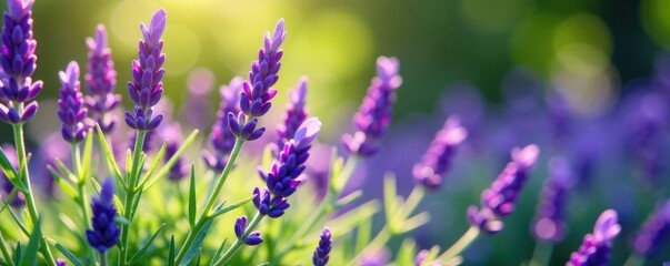 Naklejka premium Purple lavender blooming in the garden with green leaves, blossom, plants, lavender
