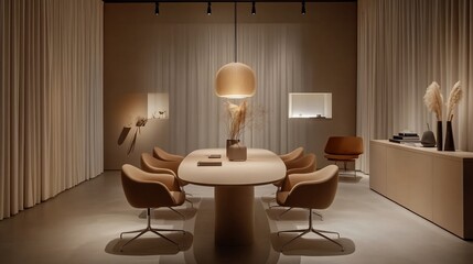 Serene Minimalist Interior Design: Beige Room with Modern Furniture and Soft Lighting