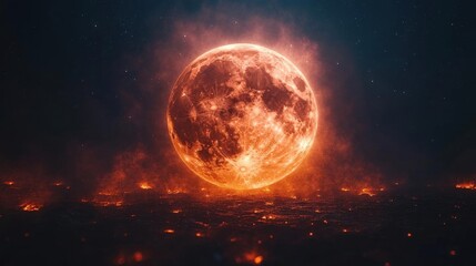 Fototapeta premium Fiery Infernal Moon over Glowing Cityscape at Night