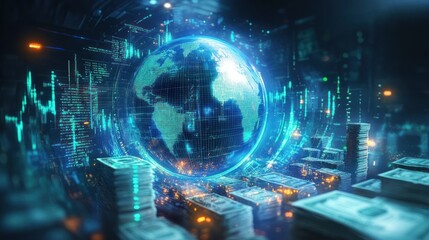 Futuristic Digital Artwork Glowing Globe Surrounded by Money and Cryptocurrency