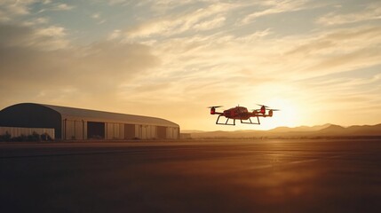 Fototapeta premium Drone Flight at Sunset Over Desert Hangar