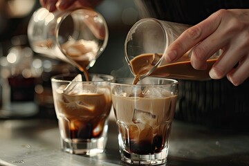 Process of Making Cold Coffee Cocktail Woman Carefully Pours Espresso From Cups Into Glasses