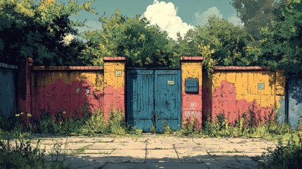 Vibrant and Colorful Urban Street Scene Featuring a Yellow and Blue Painted Wall Surrounded by Lush Greenery and a Clear Blue Sky