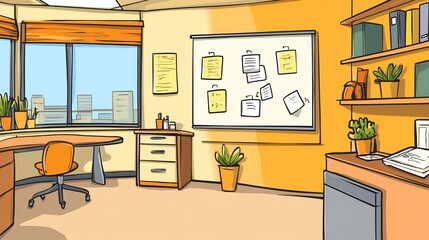 Modern Office Workspace: A Bright and Organized Cartoon Illustration